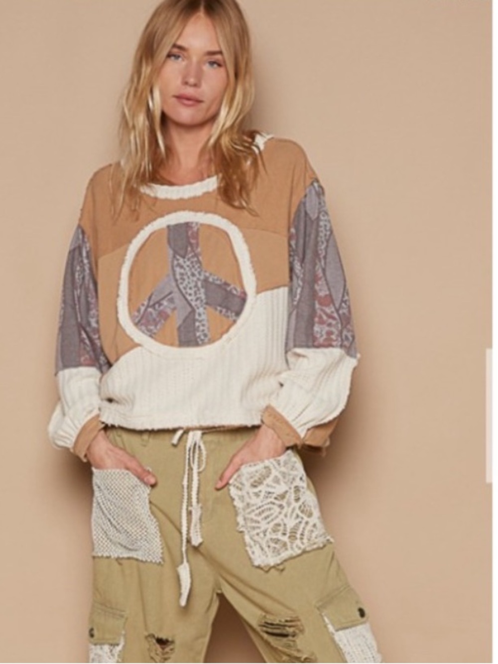 POL Boho Sweatshirt Latte Peace Size L Oversized Patchwork Frayed Edges - Picture 5 of 10